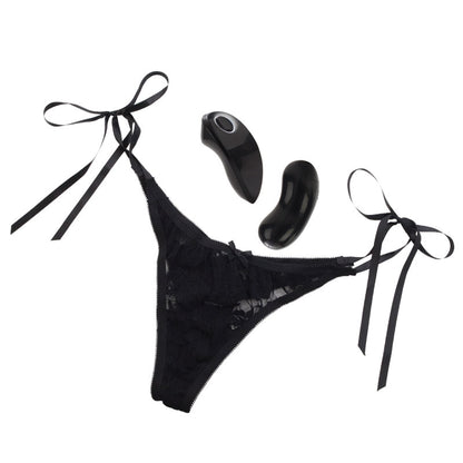 California Exotic 10 function remote control thong, black lacy fabric with remote.