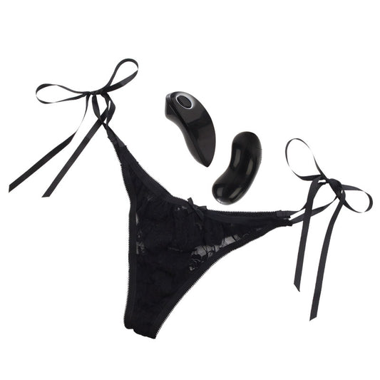 California Exotic 10 function remote control thong, black lacy fabric with remote.