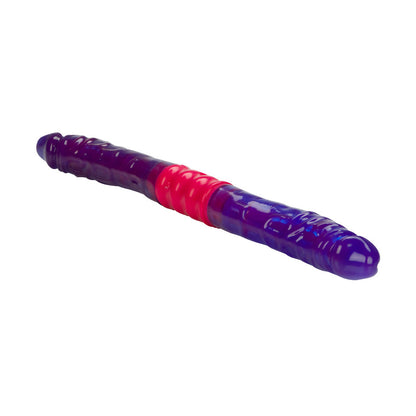California Exotic dual vibrating dildo, flexible purple silicone with lifelike texture for double penetration fun.