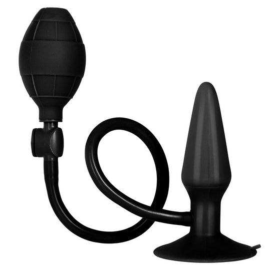 Black silicone inflatable anal plug from california exotic, designed for comfortable and controlled expansion.