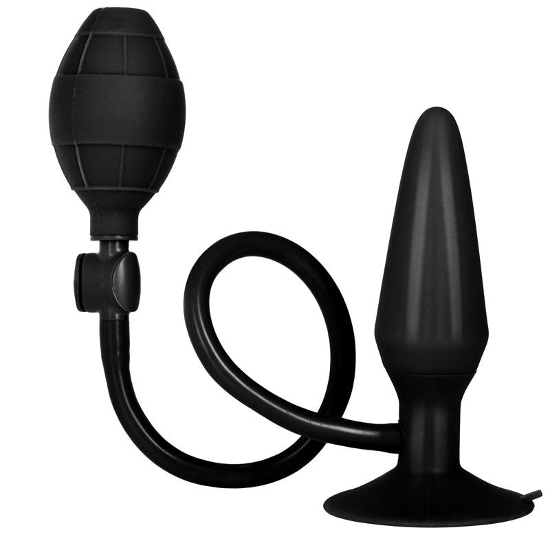 Black inflatable anal plug, medium size, made of smooth silicone for comfortable pumping.