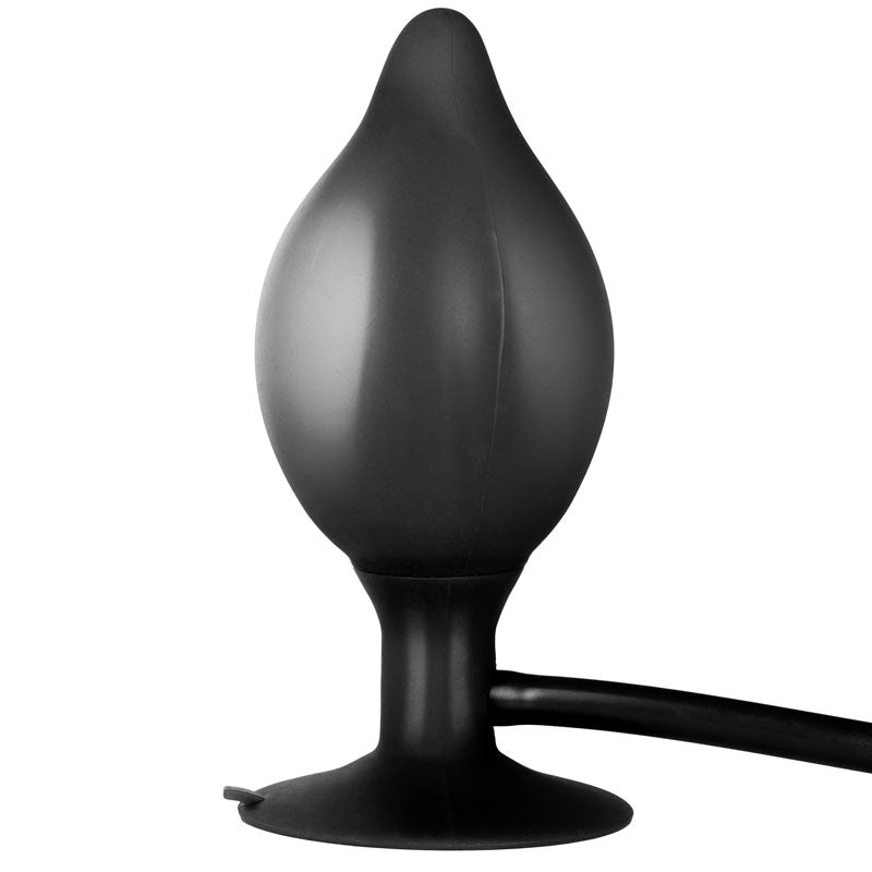 California Exotic black silicone inflatable anal plug, medium size, for intimate use.