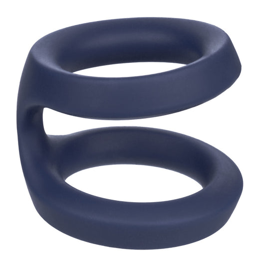 Black and silver dual silicone love ring for enhanced pleasure, a California Exotic product.