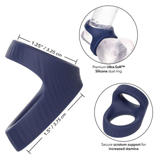 Close-up of a dual silicone cock ring in dark grey, ribbed for enhanced pleasure.
