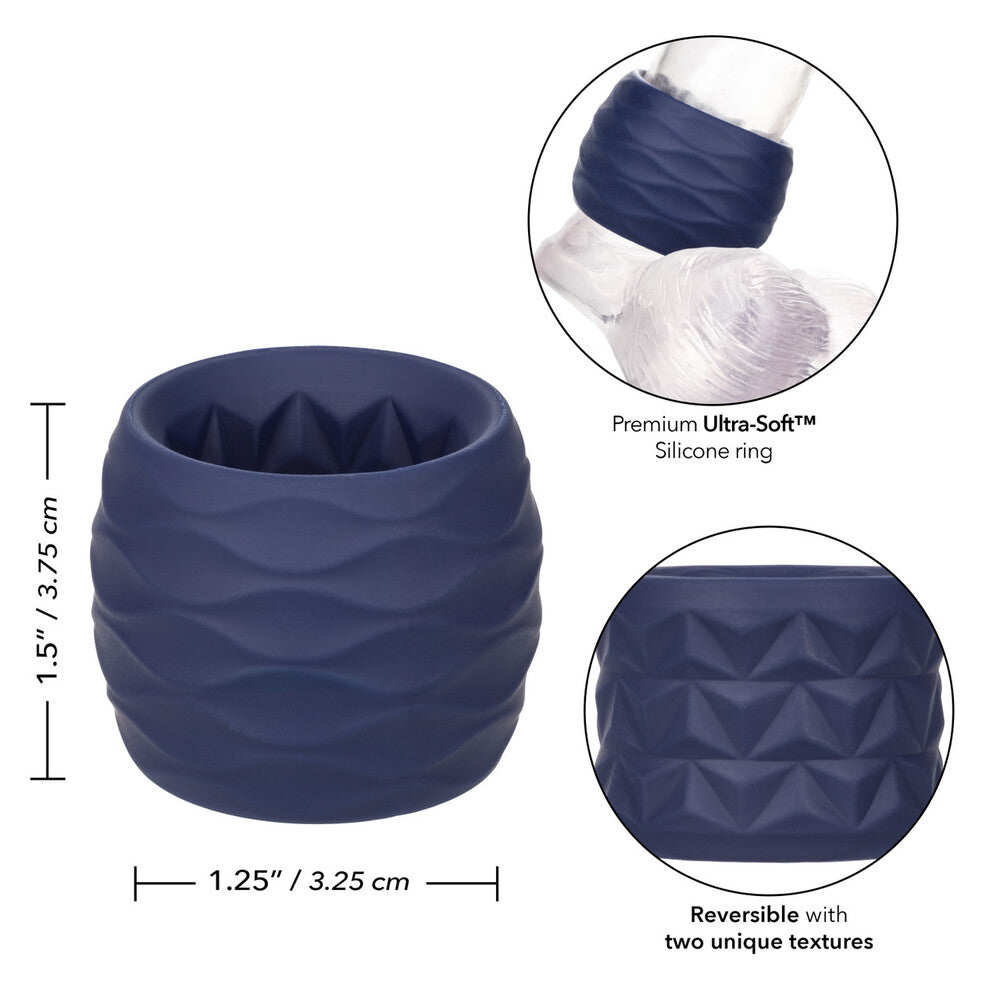 silicone cock ring in dark grey with textured design for reverse endurance support.