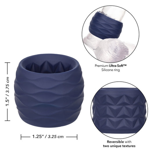 silicone cock ring in dark grey with textured design for reverse endurance support.