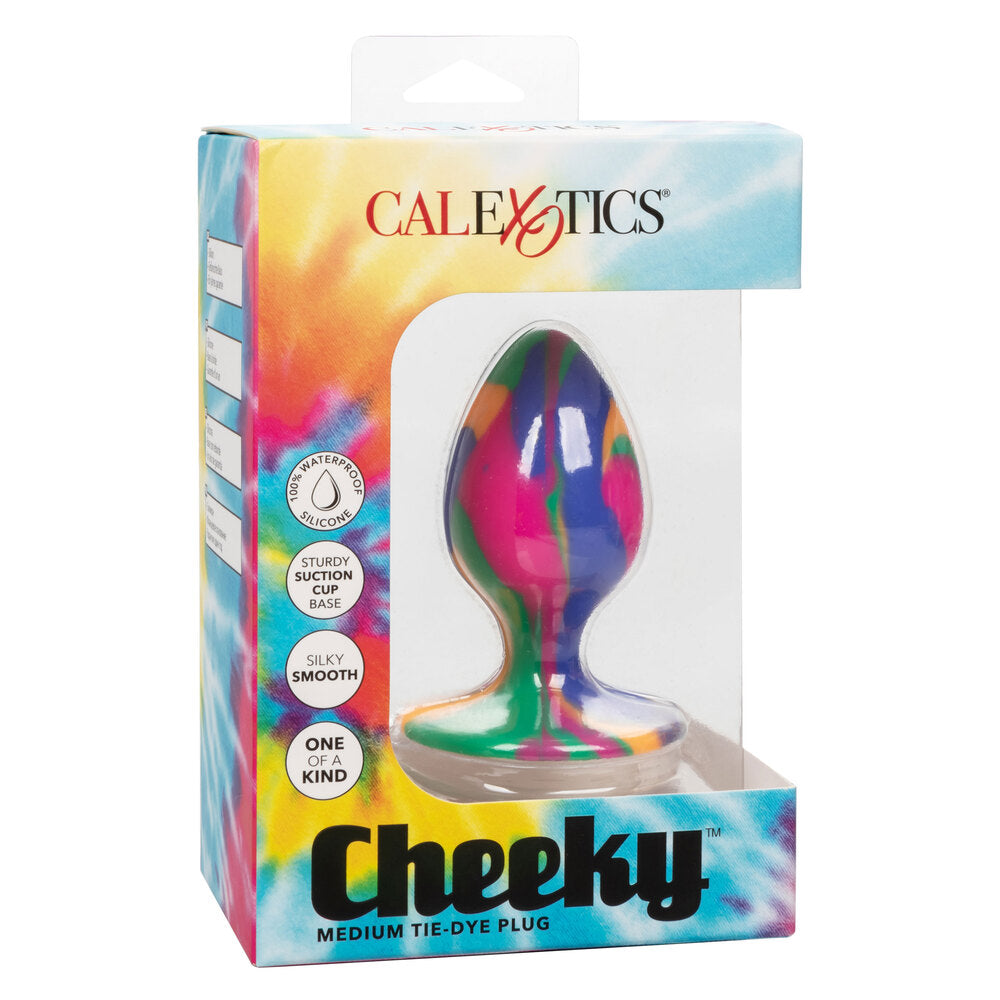 Tie dye patterned, medium-sized butt plug by California Exotic in swirling colours.