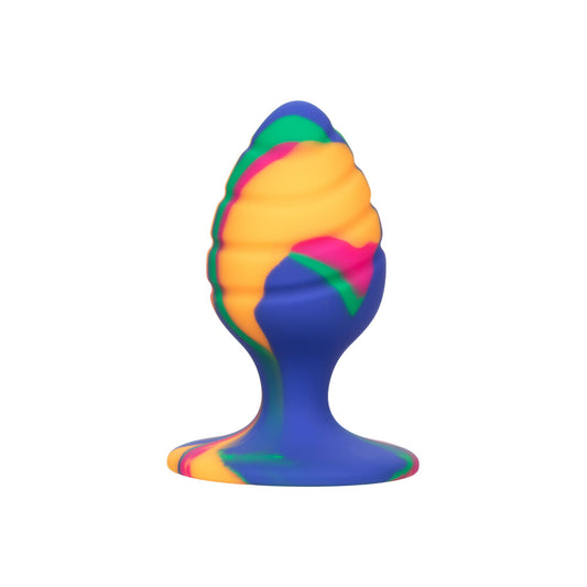 Cheeky medium-sized swirl tie dye butt plug from Toy Joy Sex Toys, multi-coloured silicone.