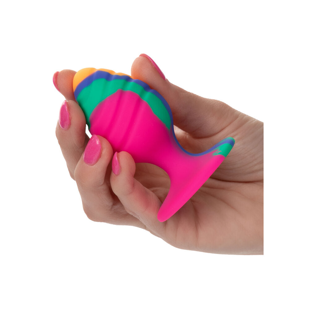 A groovy medium-sized swirl tie dye butt plug for adventurous play, from toy joy.