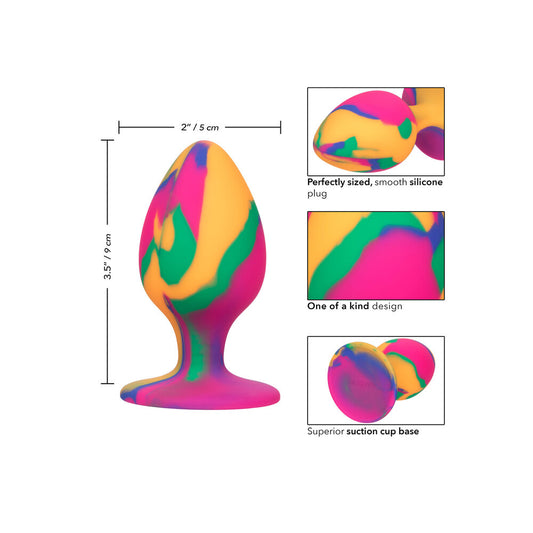 Large tie-dye butt plug in swirling bright colours, a cheeky addition to your fun.