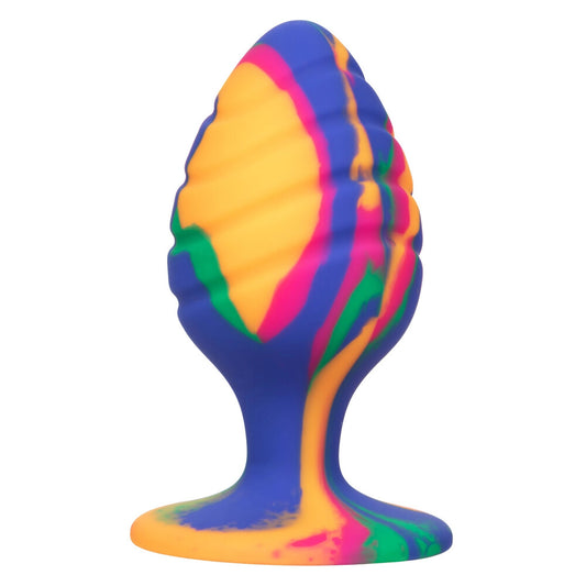 Large, cheeky swirl tie-dye butt plug with a smooth, comfortable finish for anal play.