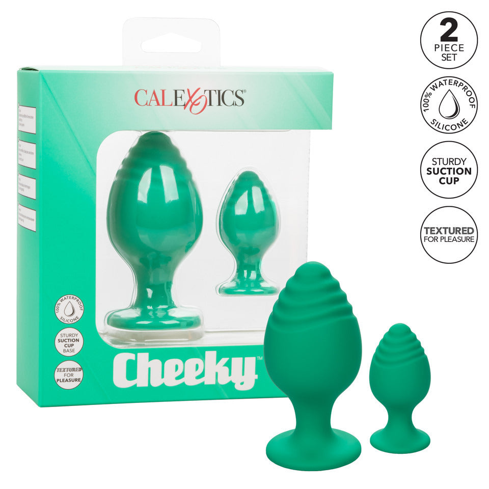 A pair of cheeky green butt plugs from California Exotic, smooth finish and tapered design.