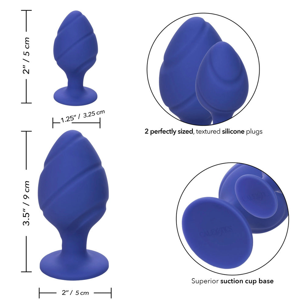 A cheeky pair of purple butt plugs from California Exotic, smooth and ready for play.