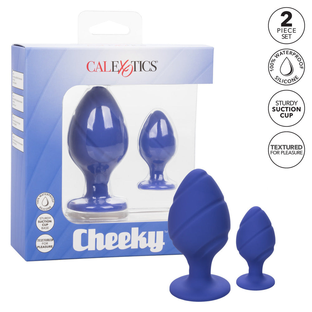 A pair of purple, graduated size cheeky butt plugs, smooth finish, for anal play.