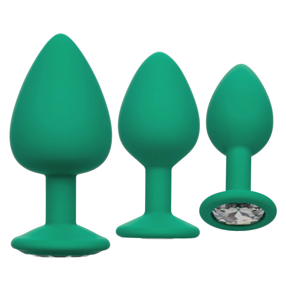 California exotic cheeky gems butt plug set with three green jewelled anal toys