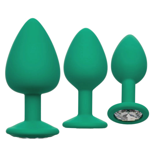 California exotic cheeky gems butt plug set with three green jewelled anal toys