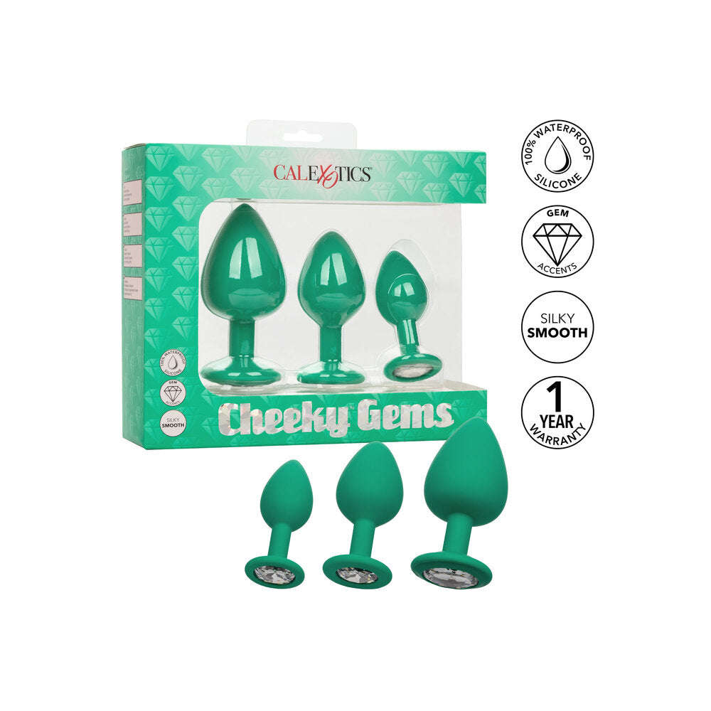 California Exotic cheeky gems butt plug set in green, three jewel-toned anal plugs.