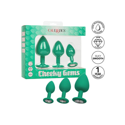 California Exotic cheeky gems butt plug set in green, three jewel-toned anal plugs.