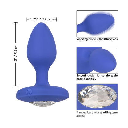 A medium-sized, jewel-toned vibrating butt plug from california exotic, sparkly and rechargeable.