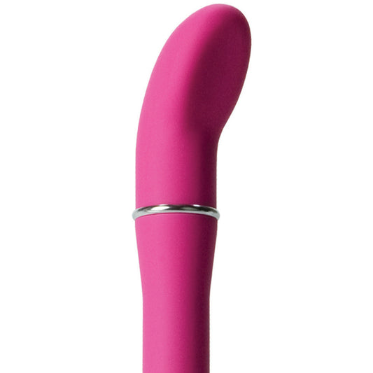 Close-up of a small, scoop-shaped satin mini vibrator from California Exotic.