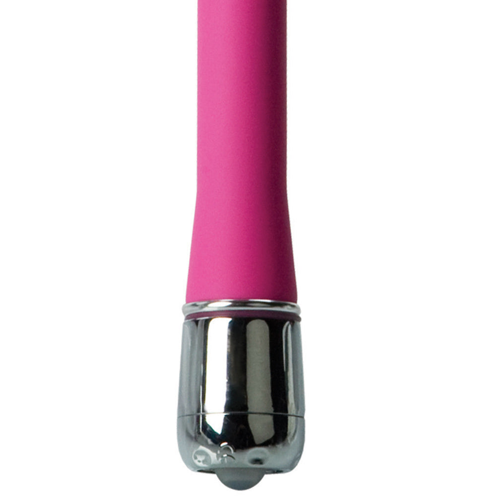 Close-up of the petite, scoop-shaped, satin-finish mini vibrator from California Exotic.
