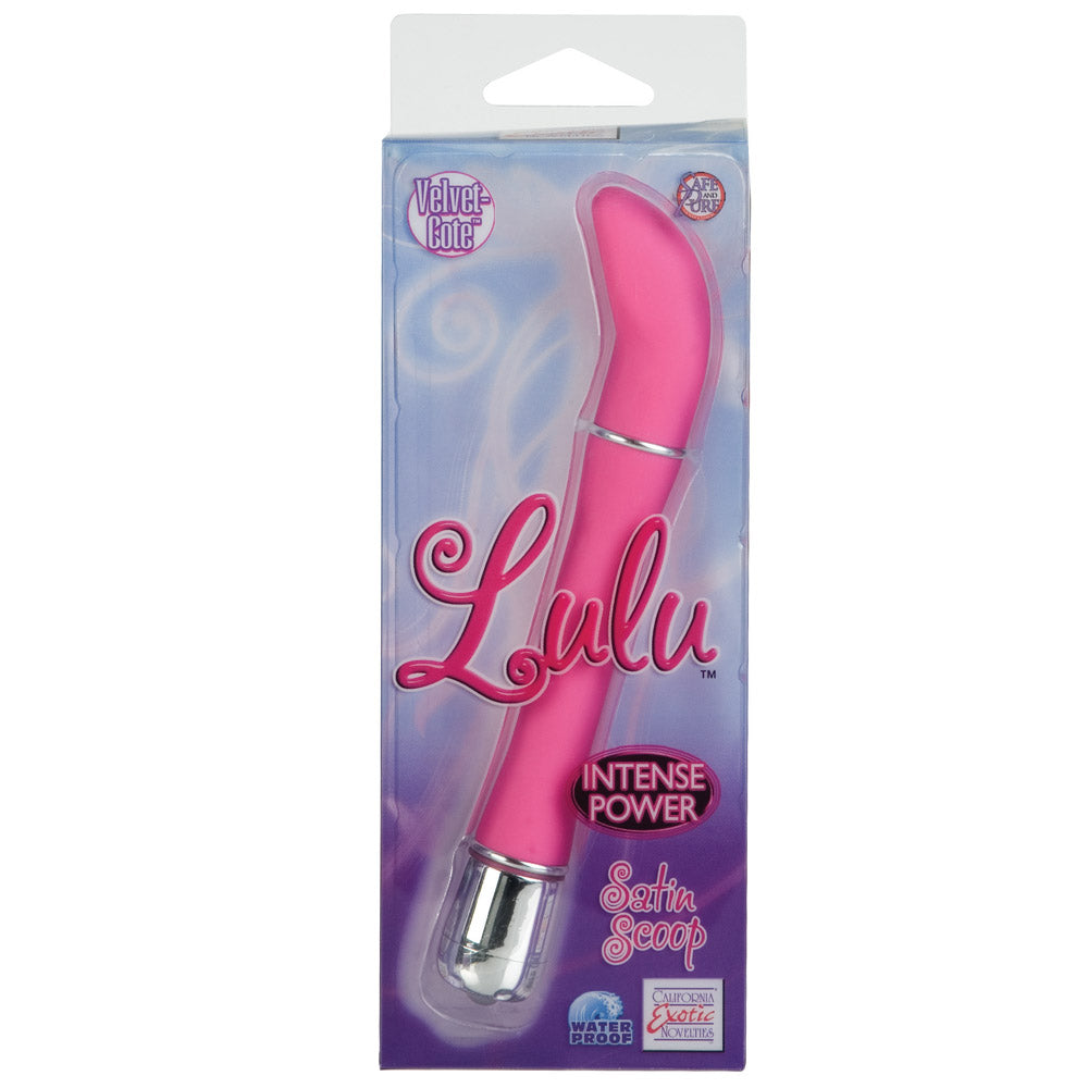 Close-up of a small, scoop-shaped satin vibrator, possibly pink, for intimate use.