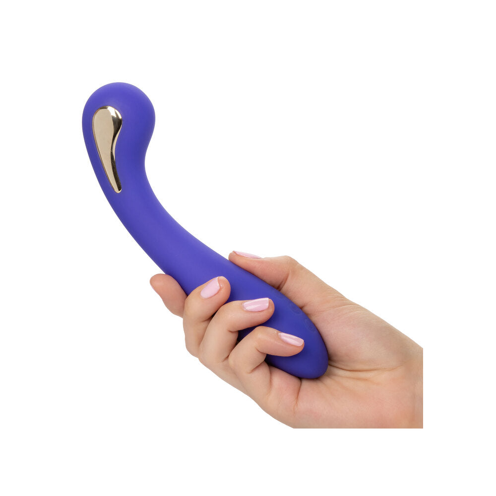 Close-up of a petite, silver g wand massager for intimate electro sex stimulation.