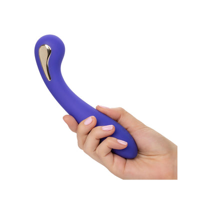 Close-up of a petite, silver g wand massager for intimate electro sex stimulation.