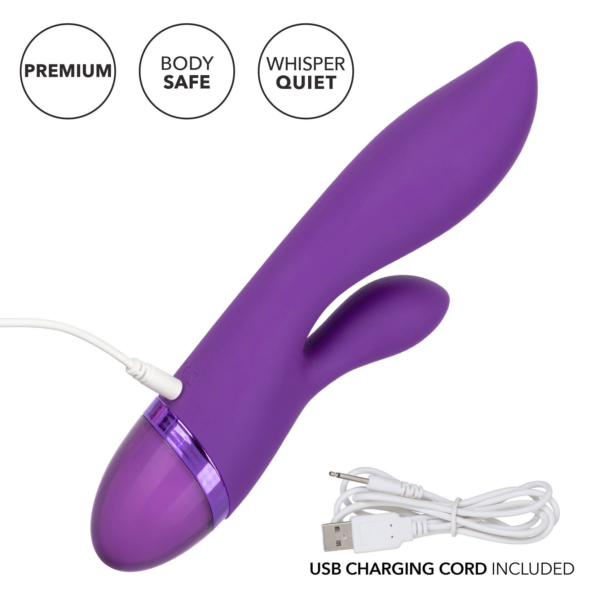Aura dual lover vibrator, a rechargeable pleasure toy with clitoral stimulators, in a sleek design.