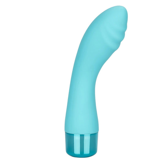 Ripple-textured, purple, silicone g-spot vibrator, approximately 6 inches long and waterproof, by california exotic.