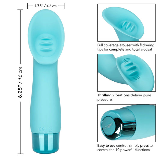 Close-up of a sleek, waterproof silicone clitoral vibrator in a pleasing, skin-safe material.