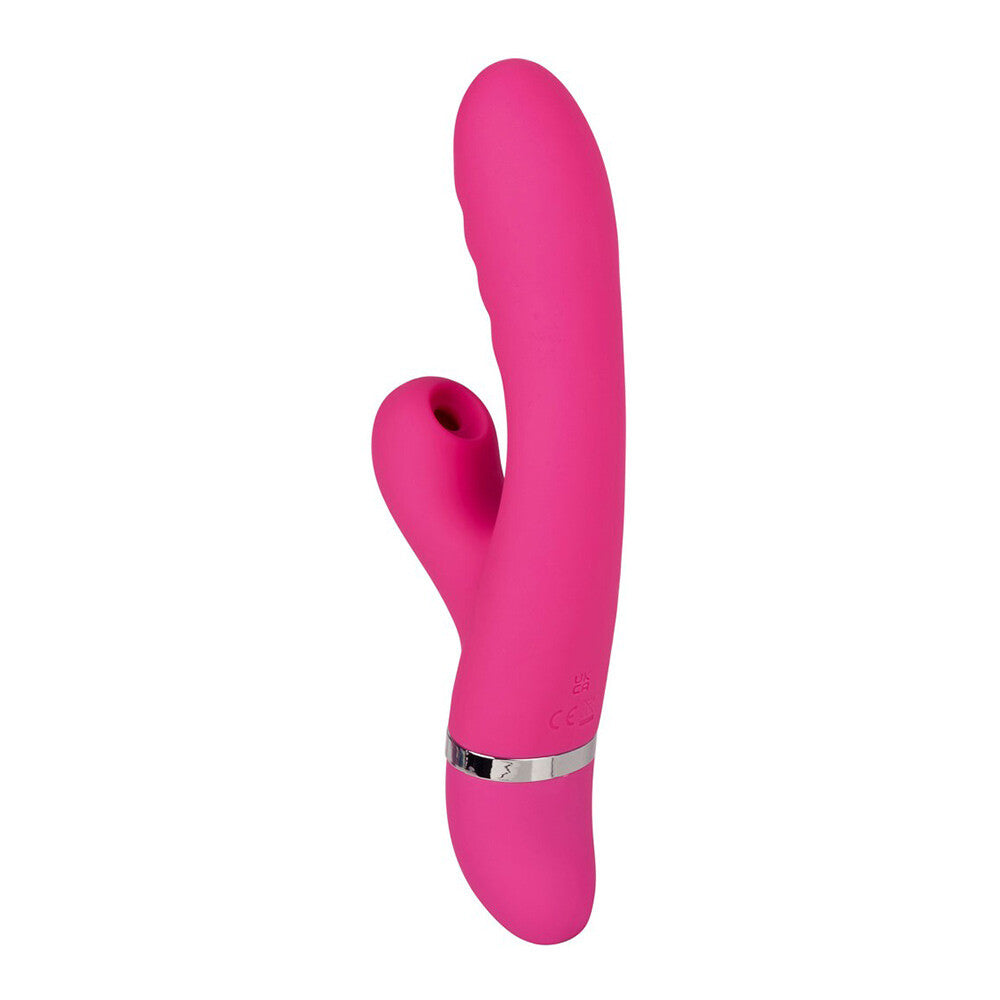 Pink bunny vibrator with textured shaft for internal and external pleasure, arousing toy.