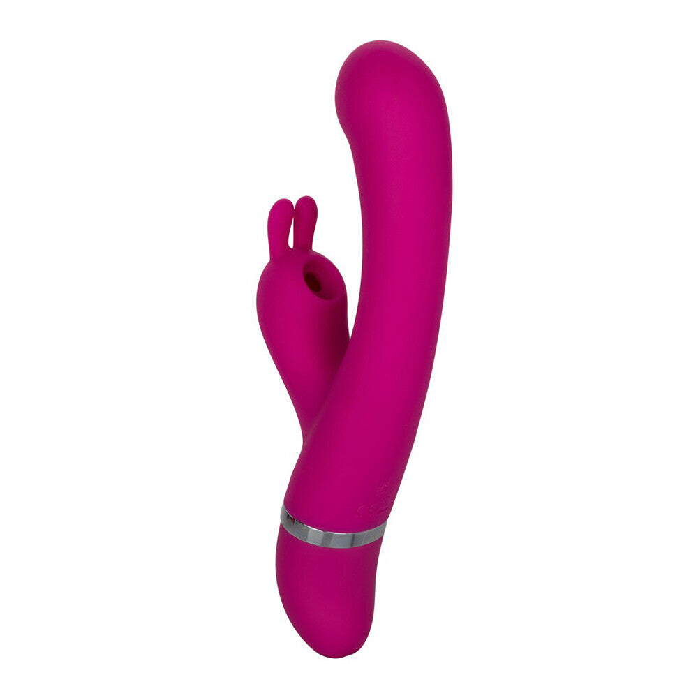 California Exotic bunny kisser vibrator, a pink and white pleasure toy with bunny ears.