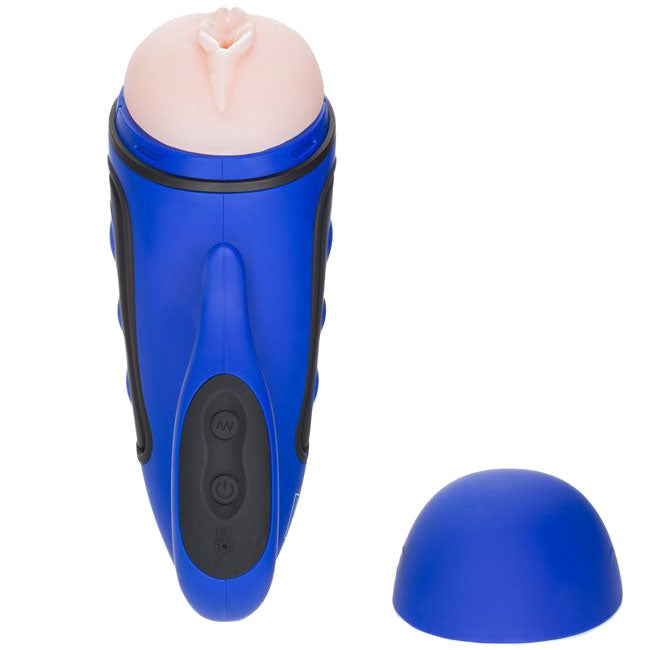 Close-up of the blue California Exotic Apollo Alpha Stroker 2 rechargeable masturbator.