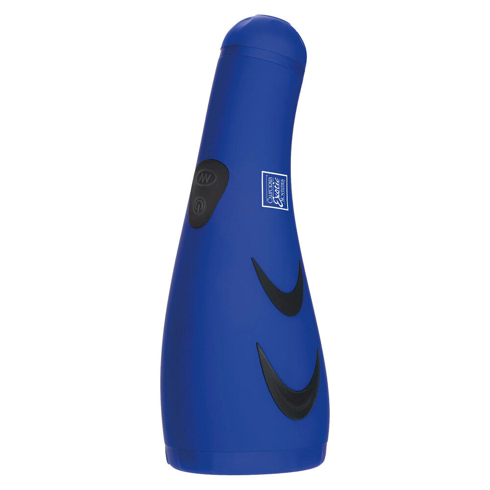 blue vibrating masturbator by california exotic, featuring a textured sleeve for enhanced pleasure.