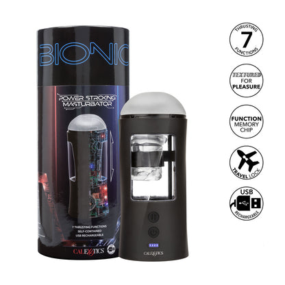 california exotic bionic power stroker: a textured, grey and silver vibrating masturbator.