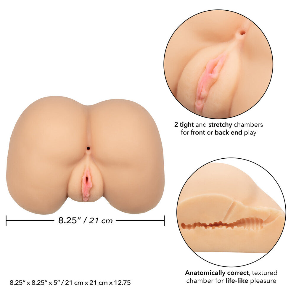 Flesh pink, life-size artificial bottom with realistic texture, designed for male self-pleasure.