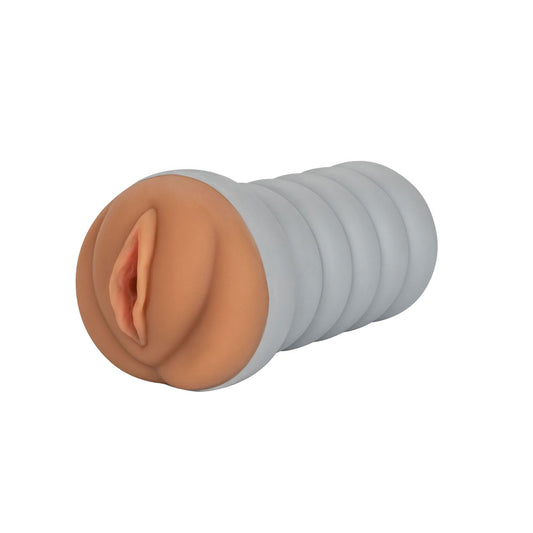 California Exotic ribbed brown masturbator with a textured interior for male pleasure.