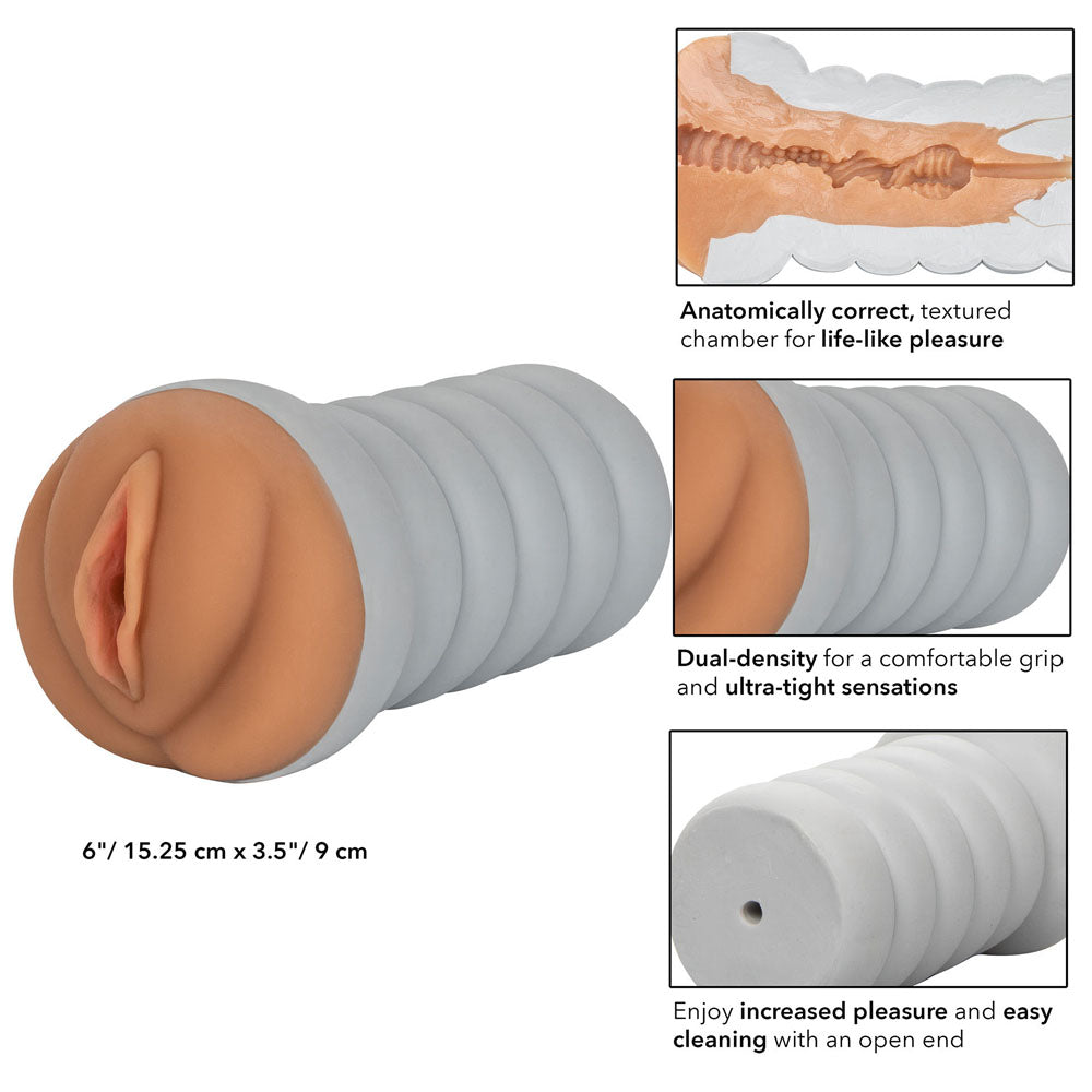 California Exotic brown ribbed masturbator, designed for a tight grip and pleasurable experience.