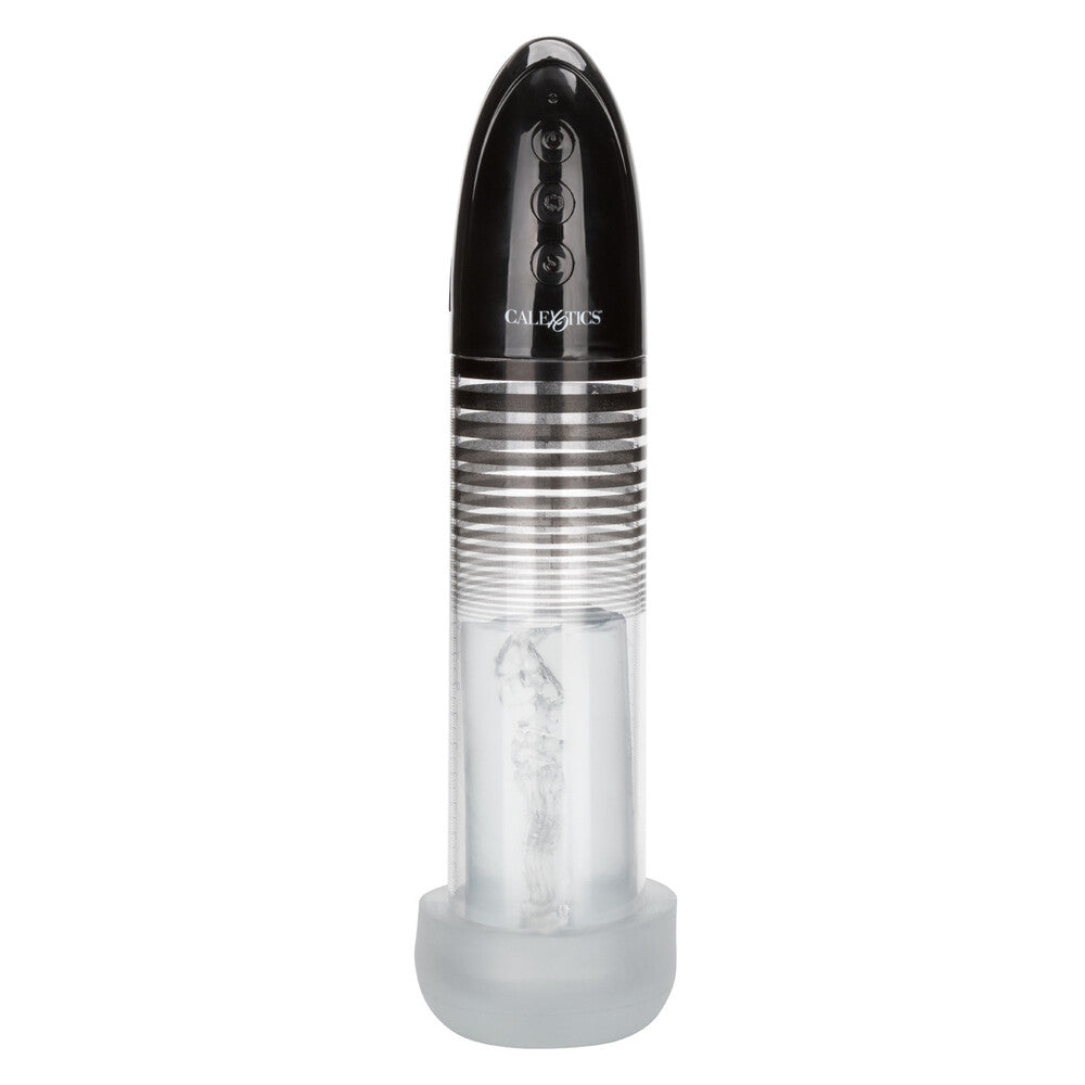 California Exotic automatic smart pump for penis enhancement, shown in use.