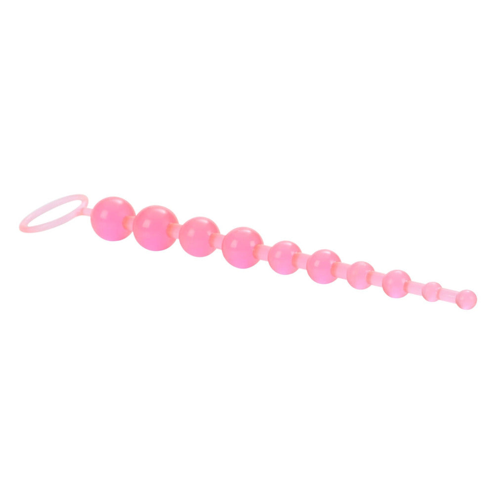 Graduated set of ten smooth, multi-coloured anal beads for pleasure, with a retrieval loop.