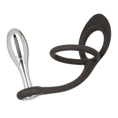 A shiny silver metal teardrop-shaped butt plug with matching cockring for added pleasure.