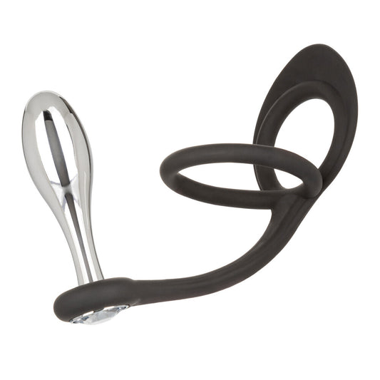 A shiny silver metal teardrop-shaped butt plug with matching cockring for added pleasure.