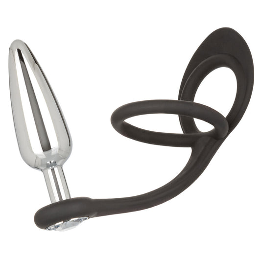 California Exotic Star Fucker slim butt plug and cockring, black silicone with textured detailing.