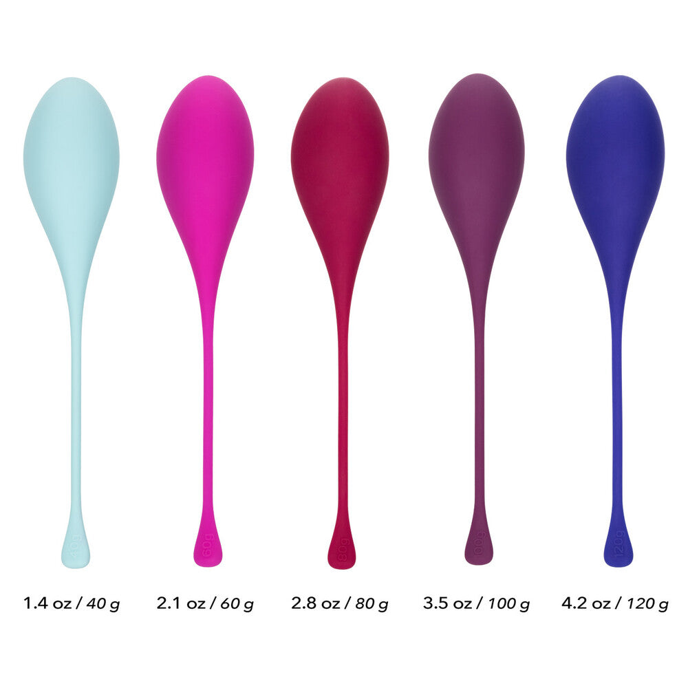 California Exotic's kegel exercise set with five colourful weighted toning balls for pelvic floor training.