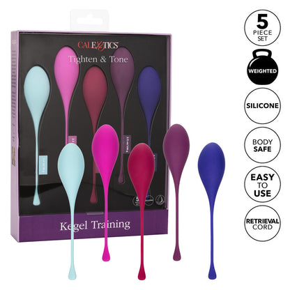 California Exotic's 5-piece kegel exercise set for pelvic floor strengthening and toning, multi-coloured weights.