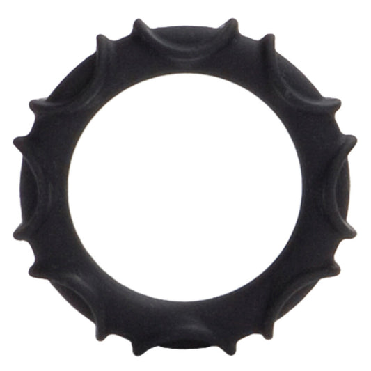 Black silicone love ring from California Exotic, a textured cock ring for enhanced pleasure.