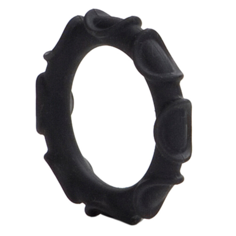 Black silicone cock ring from california exotic, a textured love ring for pleasure.