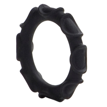 Black silicone cock ring from california exotic, a textured love ring for pleasure.