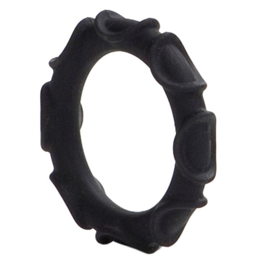 Black silicone cock ring from california exotic, a textured love ring for pleasure.